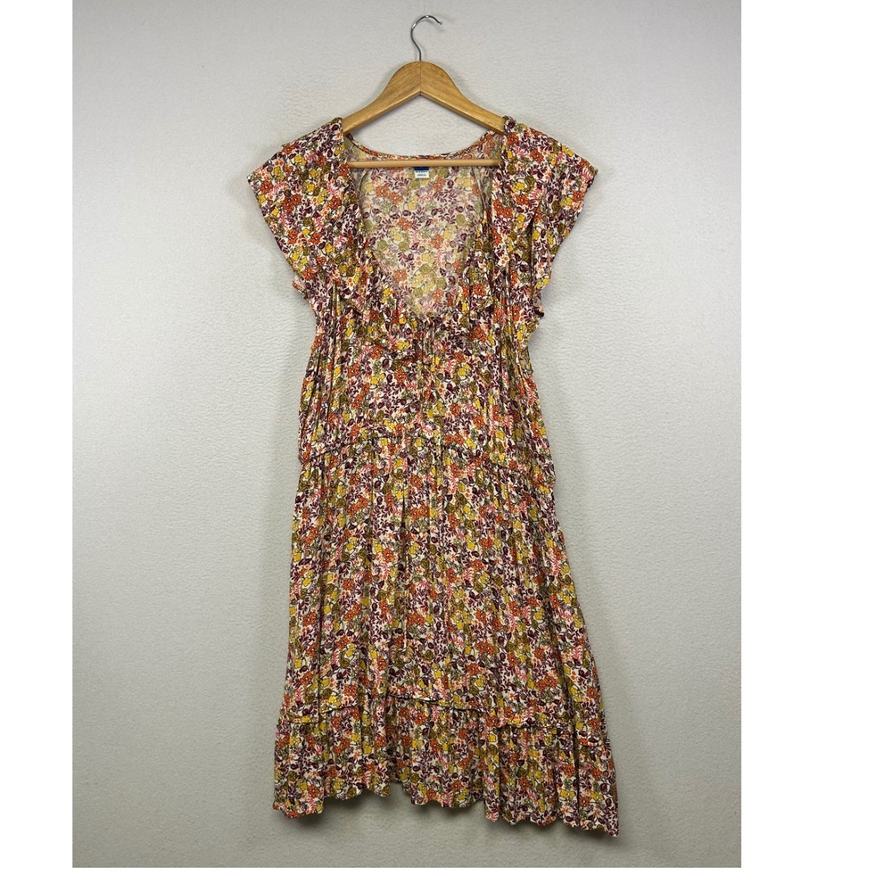 Boho Cottagecore Old Navy Women Large Multicolor Floral Ruffle Tiered Mini Dress